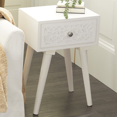 Mango Wood Intricately Carved Single Drawer Scroll White Side End Accent Table