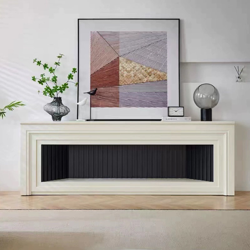 Beige Manufactured Wood TV Cabinet Fireplace, 27.56" H x 94.49" W x 11.81" D