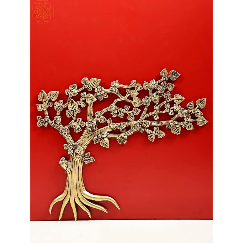 22" Handmade Brass Tree Wall Hanging - Flowing Branches with Leaves and Flowers for Dark Wall Home Decor Accent