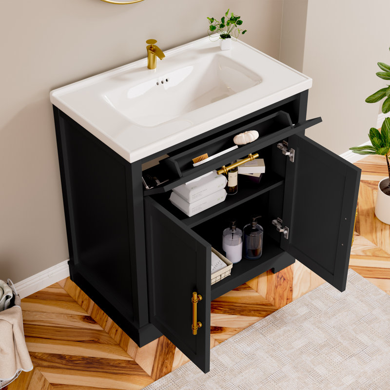 Meuble-lavabo simple 30 po avec comptoir en résine et lavabo sur pied, Marron foncé