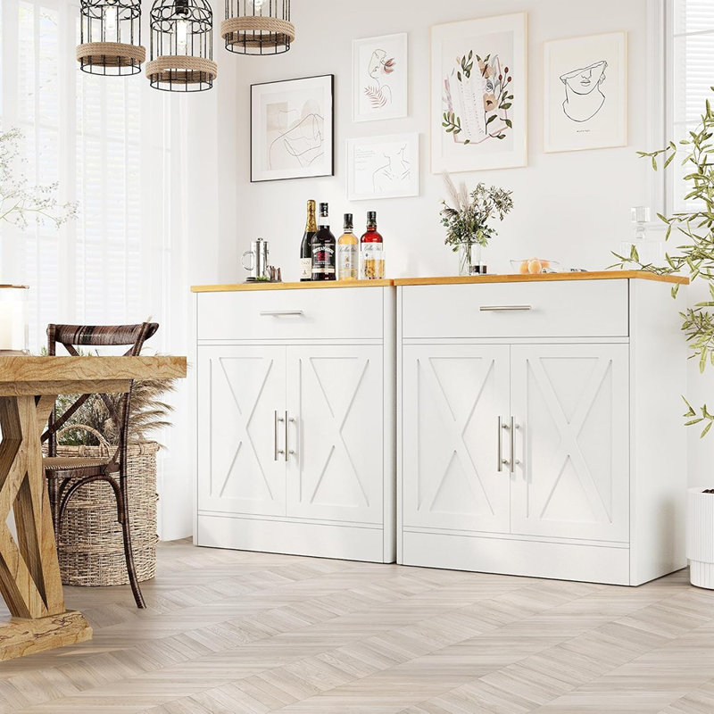 Armoire-bar Farmhouse - Rangement de cuisine avec tablette réglable, buffet moderne pour la cuisine et la salle à manger, blanc