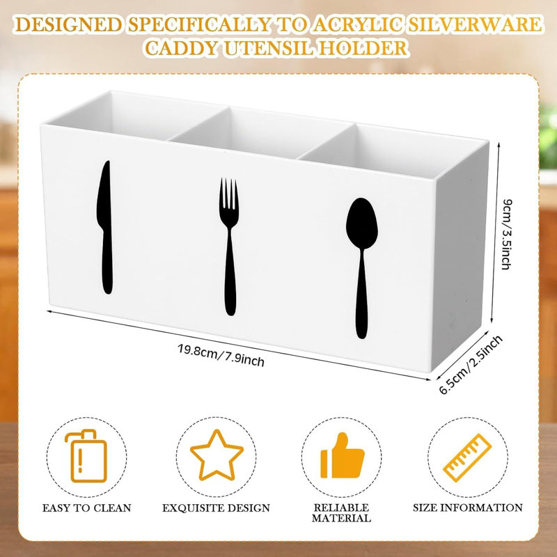 White Acrylic Cutlery Organizer 3 Section Silverware Caddy Storage Bin