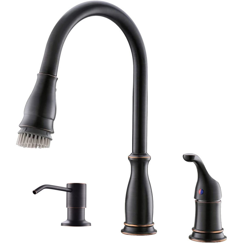 Robinet de cuisine rétractable à 3 trous avec pulvérisateur rétractable et distributeur de savon APPASO, Bronze huilé