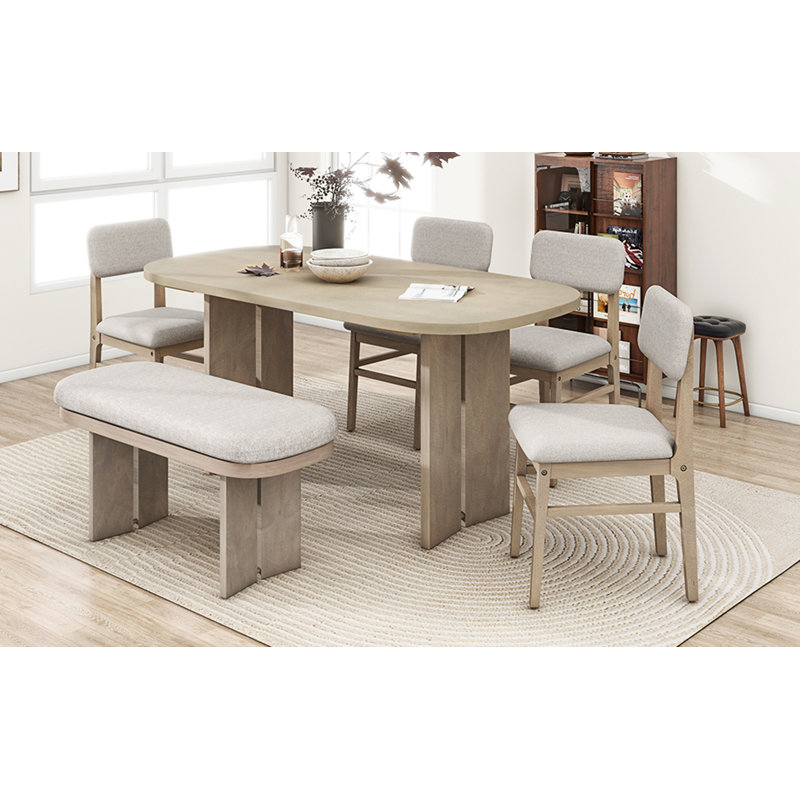 Solid Wood Dining Table Set With Bench - 6-Piece Upholstered Rectangular Dining Room Table Set With Bench, Beige, Brown