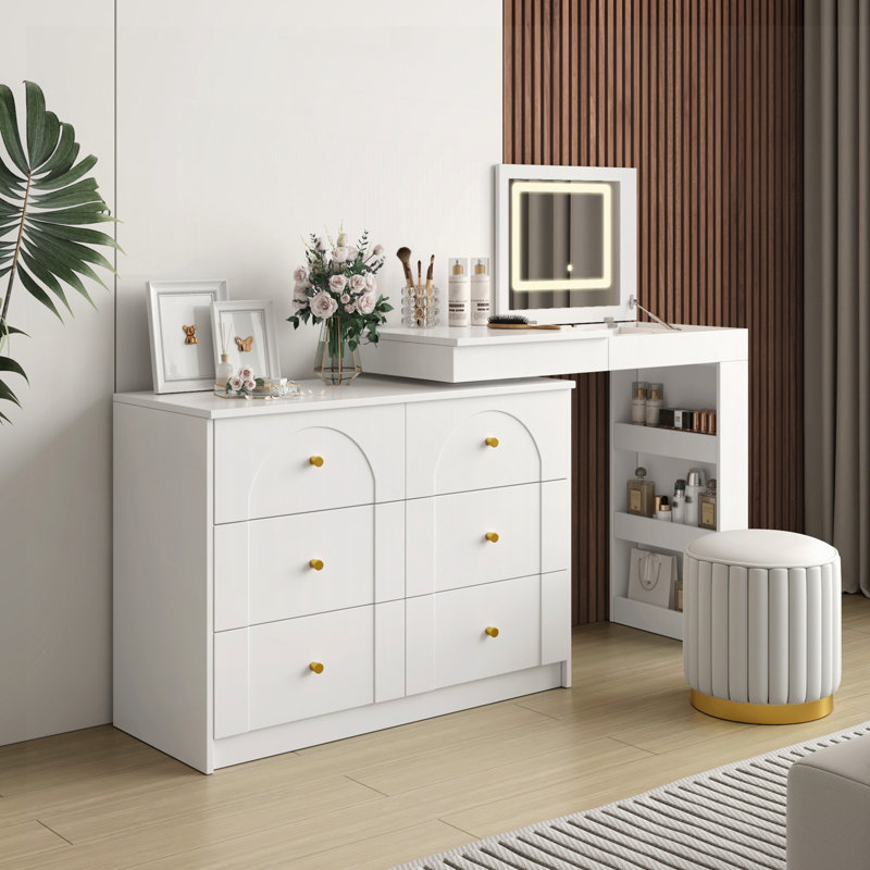 Bureau de coiffeuse avec miroir et lumières, Blanc