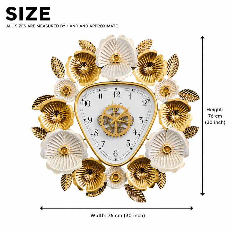 Horloge murale dorée et blanche à motif floral, grand art moderne en métal, horloge triangulaire géométrique silencieuse pour la décoration du salon