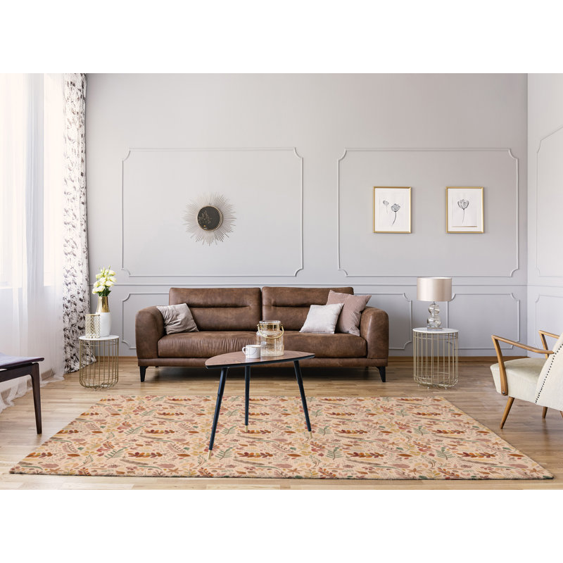 Tapis beige/orange/vert fait main floral, Rectangle 9 pi x 12 pi