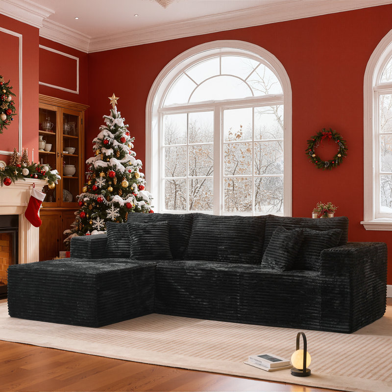 108'' Corduroy Sectional Sofa with Reversible Chaise, Black Corduroy, Left Hand Facing