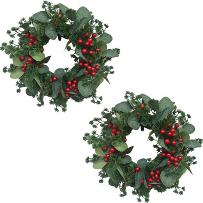 2 Pack Artificial Eucalyptus Wreath with Red Berries, Faux Greenery Wreath for Front Door Wall Window Holiday Home Decor(Set of 2)