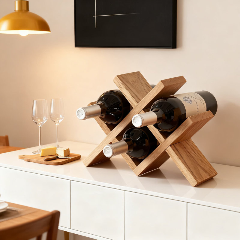 Support à vin de comptoir en bois de chêne massif pour 4 bouteilles, organisateur de vin en bois naturel et présentoir pour la cuisine, le bar ou la cave à domicile