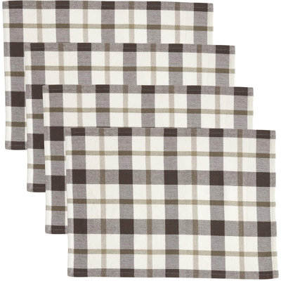 Classic Plaid Grey Cotton Table Placemats 14" W X 20" L, Set Of 4