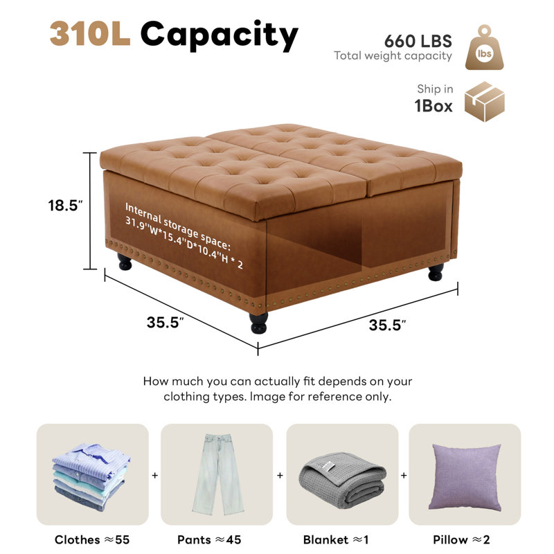 Delmontez 35.5'' Upholstered Storage Square Ottoman, Honey Brown Faux Leather
