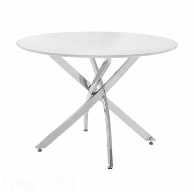 Table de salle à manger ronde ultra moderne avec plateau en faux marbre et pieds en métal chromé