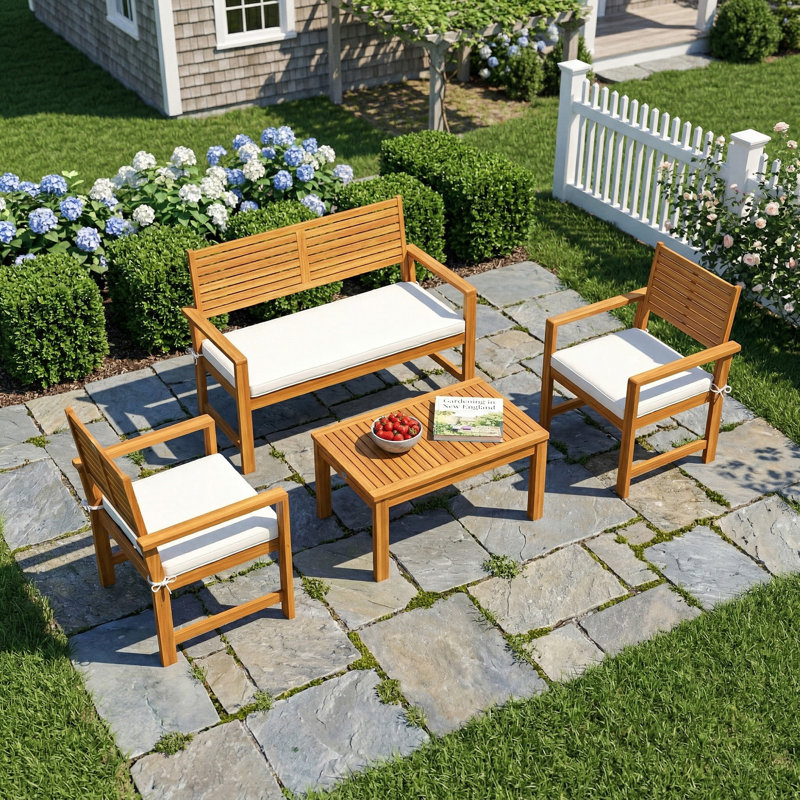 Outsunny 4 Seater Wooden Garden Furniture Set with Loveseat, Cream White Cushion/Natural Frame