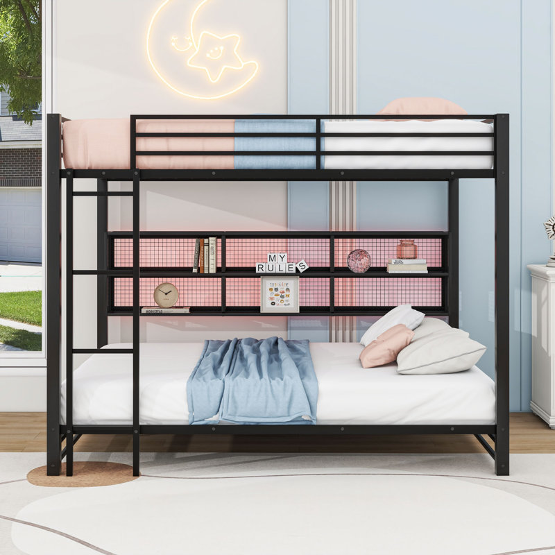 Queen Over Queen Bunk Bed With Multicolor LED And Side Storage Shelves,Ladder