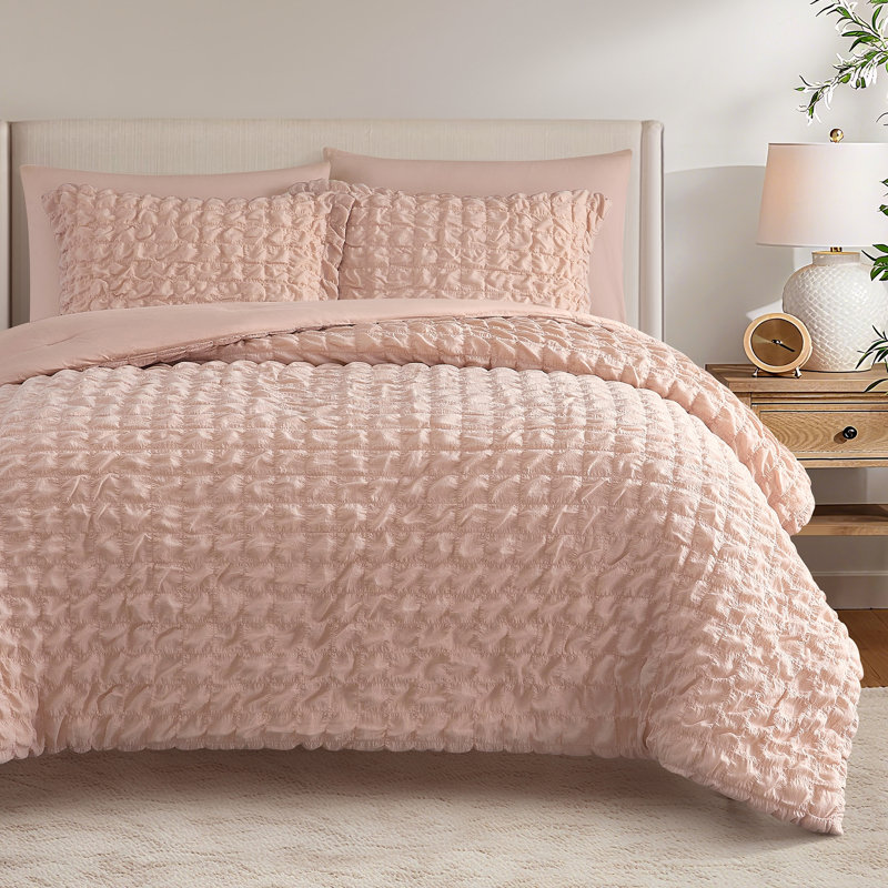 Ensemble d'édredon géométrique 3 pièces Dolton Seersucker, Grand lit, Rosé