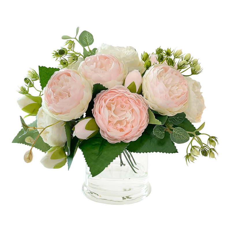 Silk Peonies In Glass Vase Arrangement, Pink/White