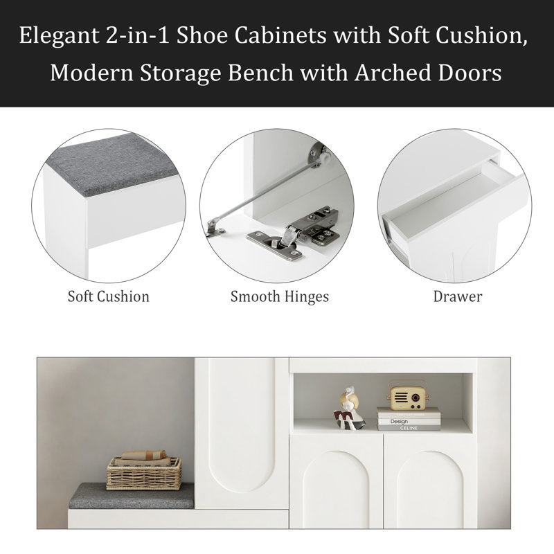 Élégant range-chaussures 2-en-1 avec coussin moelleux, banc de rangement moderne avec portes arquées et dispositifs de rebond, range-chaussures polyvalent avec tablettes réglables pour le couloir et le salon
