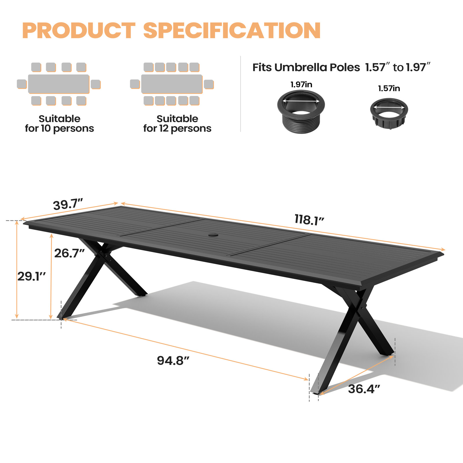 138" Patio Dining Table, 29.1''H X 118.1''W X 39.7'' D