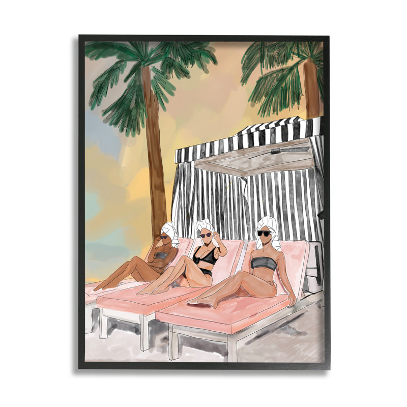 Au-432-Giclée de filles en été, auvent de plage encadré sur bois par Amelia Noyes, impression, Giclée encadrée noir minuit