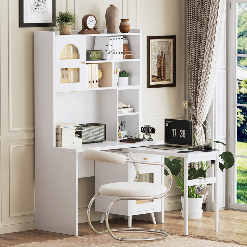 Bureau d'ordinateur avec bureau rotatif à 90 degrés, bureau de 43 po x 70 po avec tiroir de rangement et armoires, bureau de jeu avec tablettes