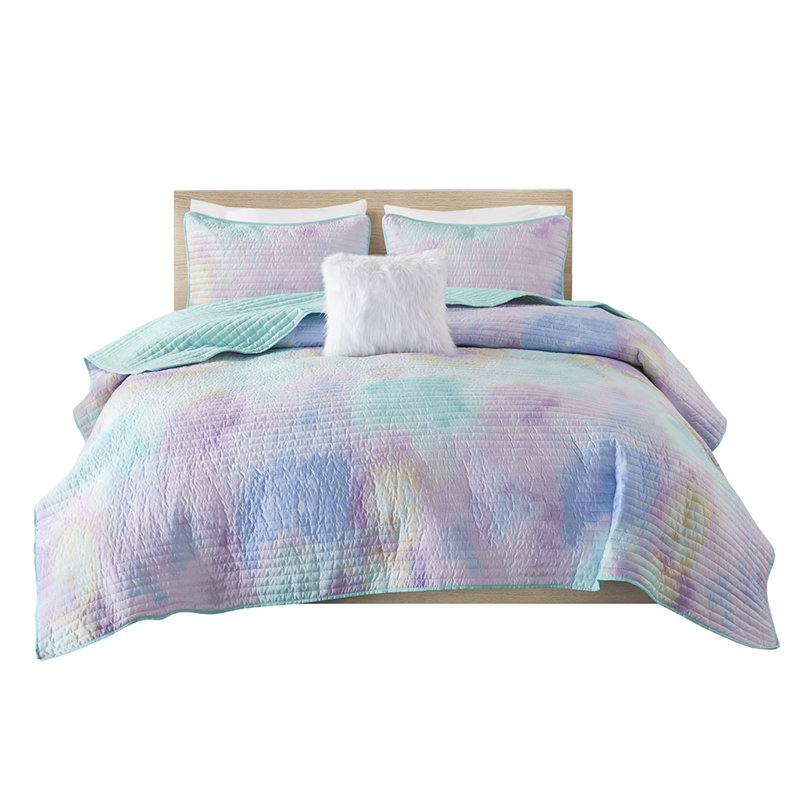 Twin Blue Microfiber Watercolor Tie-Dye Quilt Set