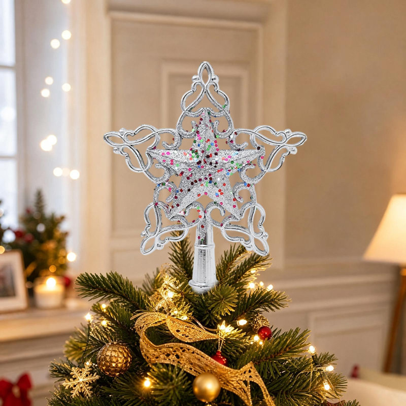 Décoration de Noël en dentelle ajourée, étoile à cinq branches colorée à paillettes, ornement de sapin de Noël exquis, Argent