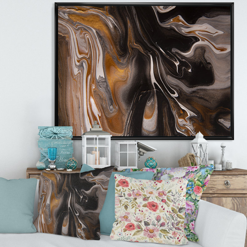 «Black and Brown Marble Universe», peinture sur toile, H 34 po x l 44 po, Cadre flottant noir