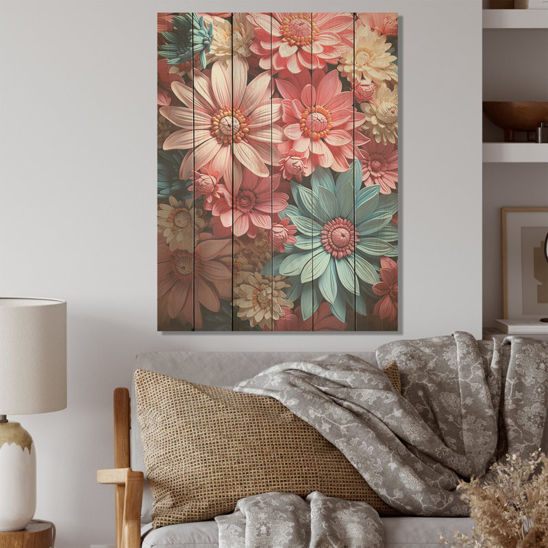Harmonie de marguerite rose I - marguerites, art mural sur bois de pin naturel, H 40 po x l 30 po