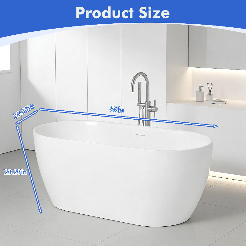 60" x 29.53" Freestanding Soaking Acrylic Oval Bathtub with Sharp Edges