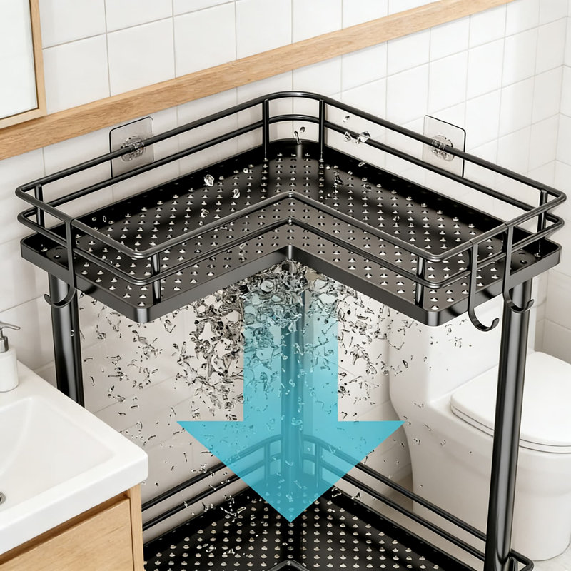 Serviteur de douche d'angle avec 3 niveaux, tablettes antirouille et crochets pour le rangement de la salle de bain, Noir mat