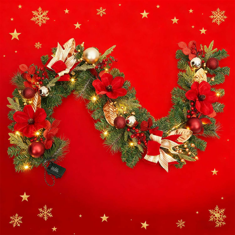 Guirlande de Noël pré-éclairée 6 pi avec 20 lumières DEL, ornements de boules en or rouge pour manteau de cheminée