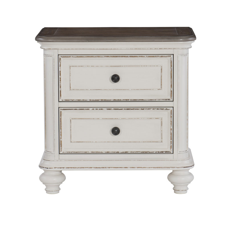 Mobilier de chambre à coucher de style traditionnel blanc antique et brun-gris avec 1 tiroir et boutons noirs
