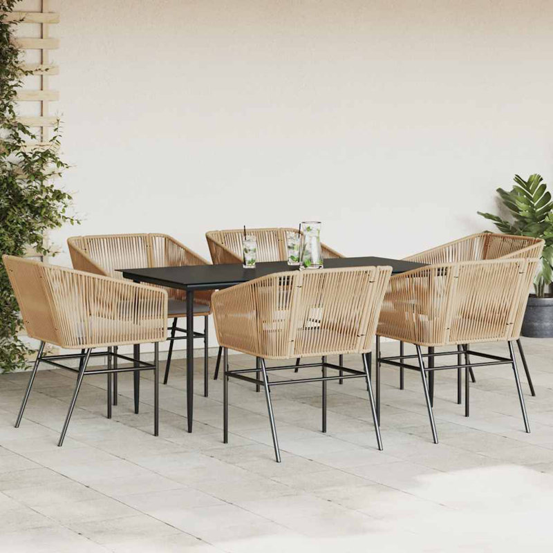 Ensemble repas de patio avec coussins en verre et poly rotin, 6, H 29,1 po x l 31,5 po x L 63 po, Gris / Brun