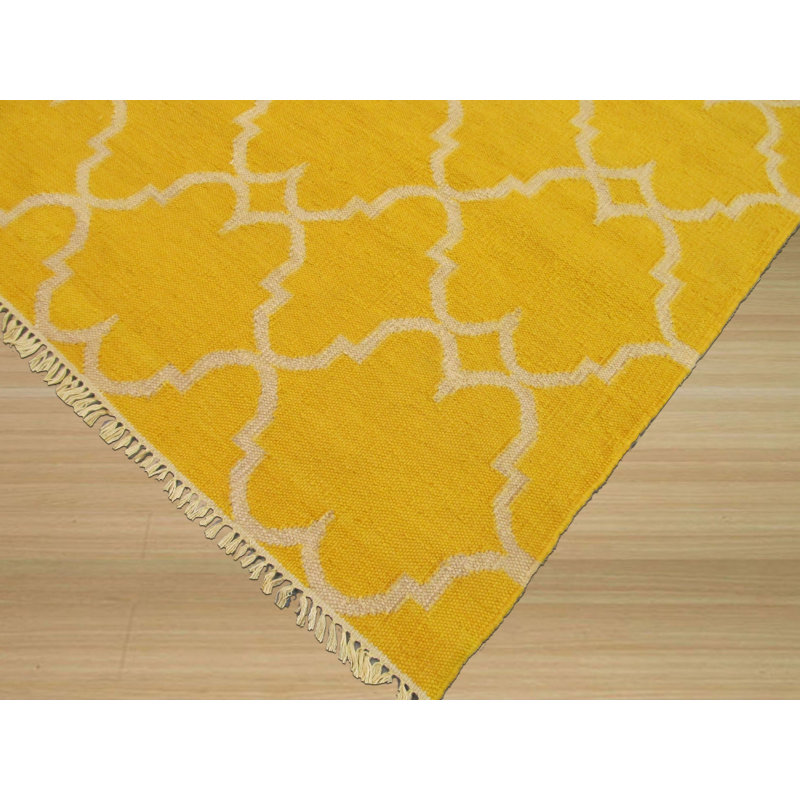 Yellow Hand-Knotted Wool Golden Trellis Geometric Modern Contemporary Carpet Rug, 5' x 8'