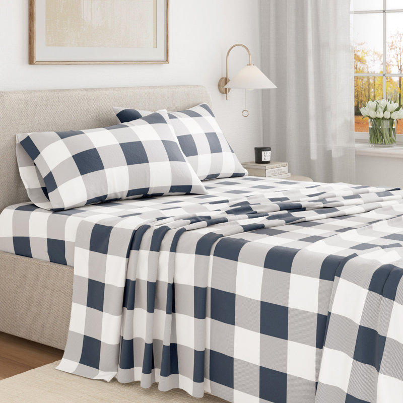 Ensemble de draps 100% flanelle de coton, Buffalo Check - Navy, Double avec 2 taies d'oreiller