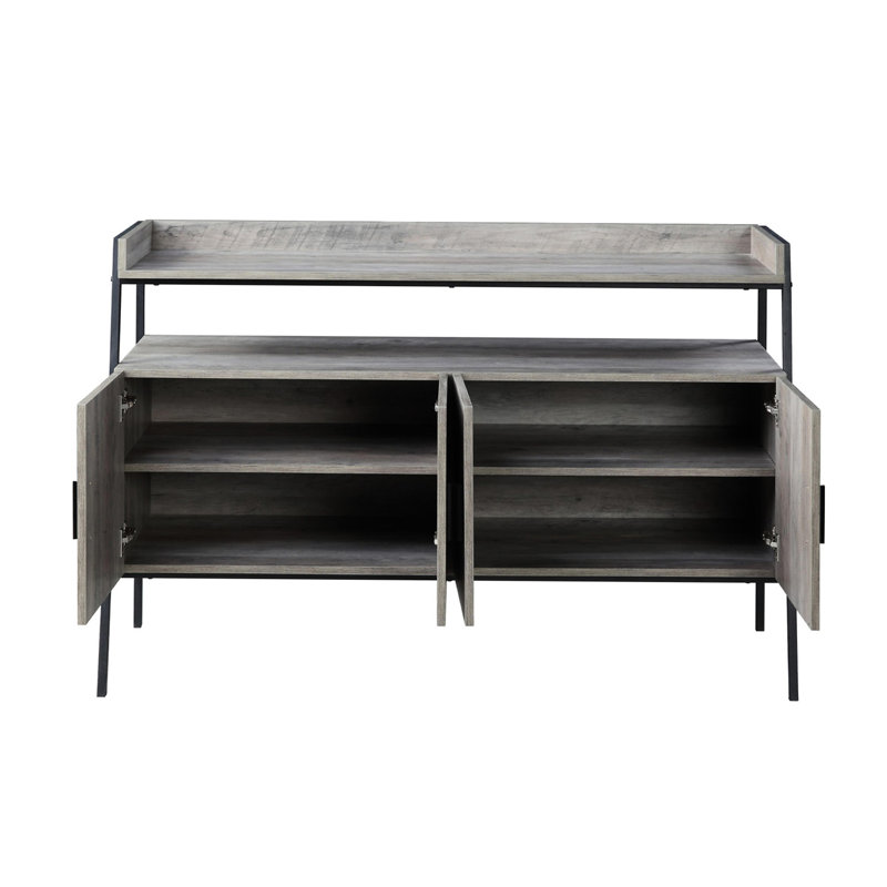 Meuble télé de 52 pouces en chêne gris et noir, structure en métal, 4 portes de rangement, 1 compartiment ouvert, pour configurations de 50 à 59 pouces dans les pièces à vivre principales. Finition noire, pratique et idéale pour les espaces de divertissement.