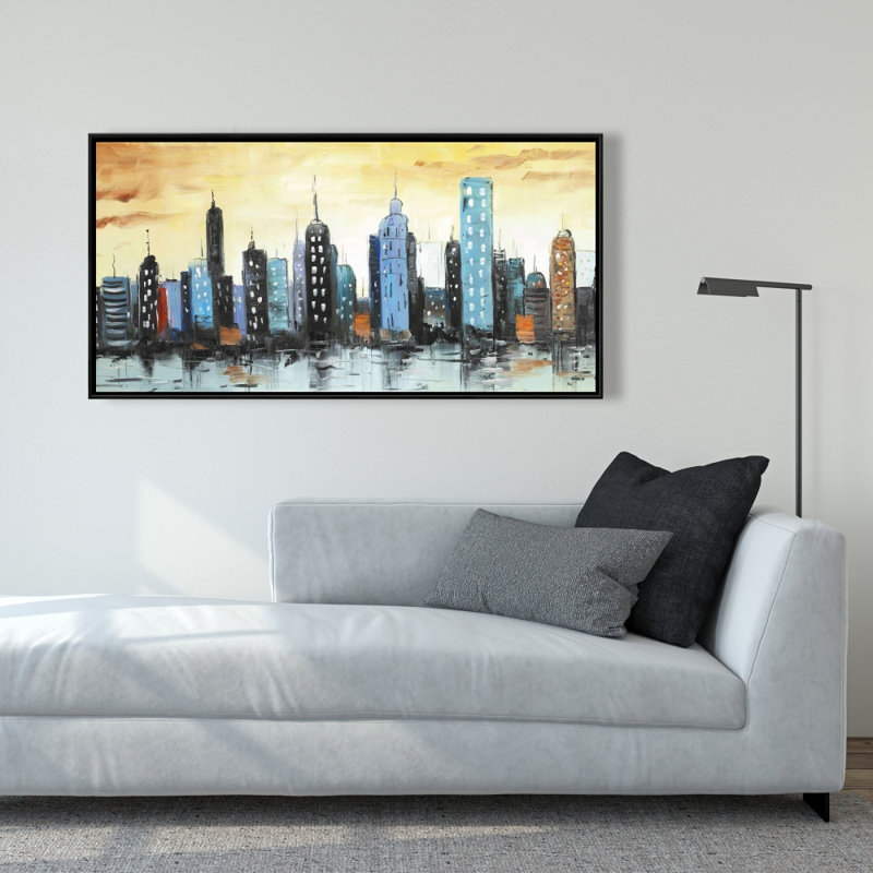 Skyline on Cityscape - Blue Building Framed Canvas Art