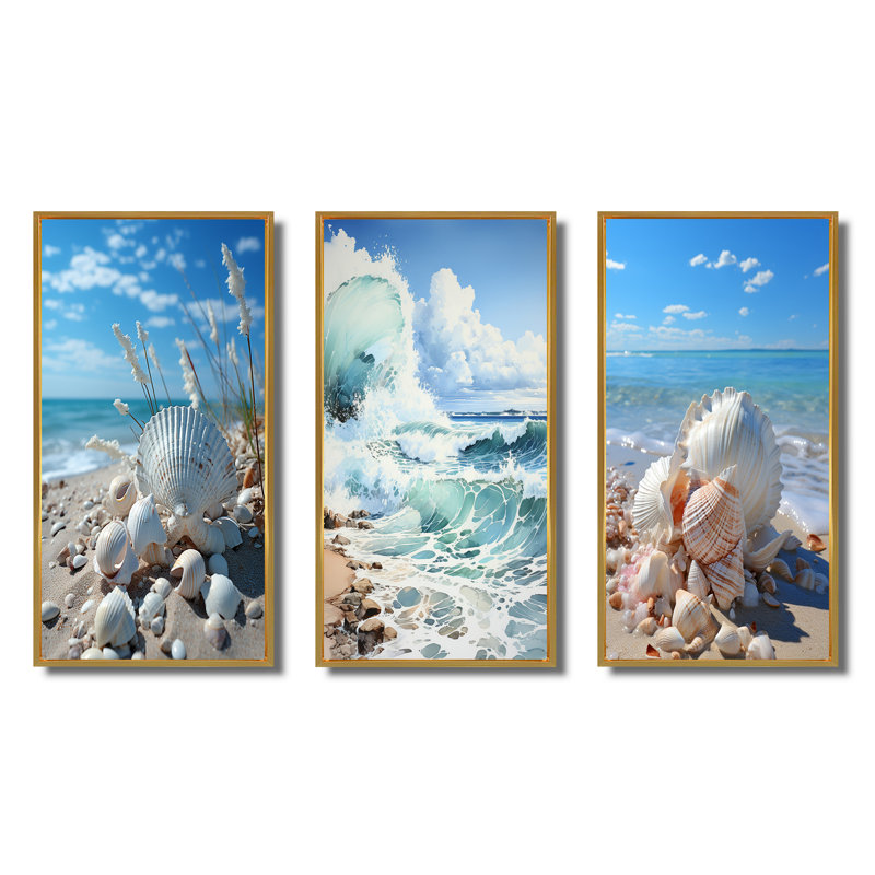 Florida Seaside Harmony - Ensemble de 3 pièces d'art nautique et de plage, Encadrement doré, H 28 po x l 36 po