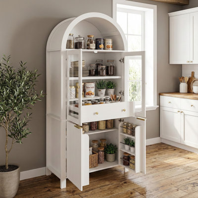 Bedale 71" Fluted Design Tall Arched Pantry Cabinet,Elegant Kitchen Display Storage Cabinet with Hidden Drawer and Adjustable Shelves by Mercer41