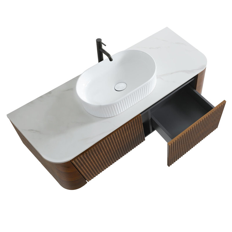 Meuble-lavabo de salle de bain moderne et incurvé, Walnut, 48, White