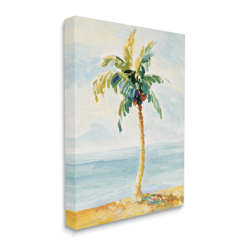 Palmier avec noix de coco sur le sable de la plage par Lanie Loreth - Peinture, Toile tendue, H 20 po x l 16 po
