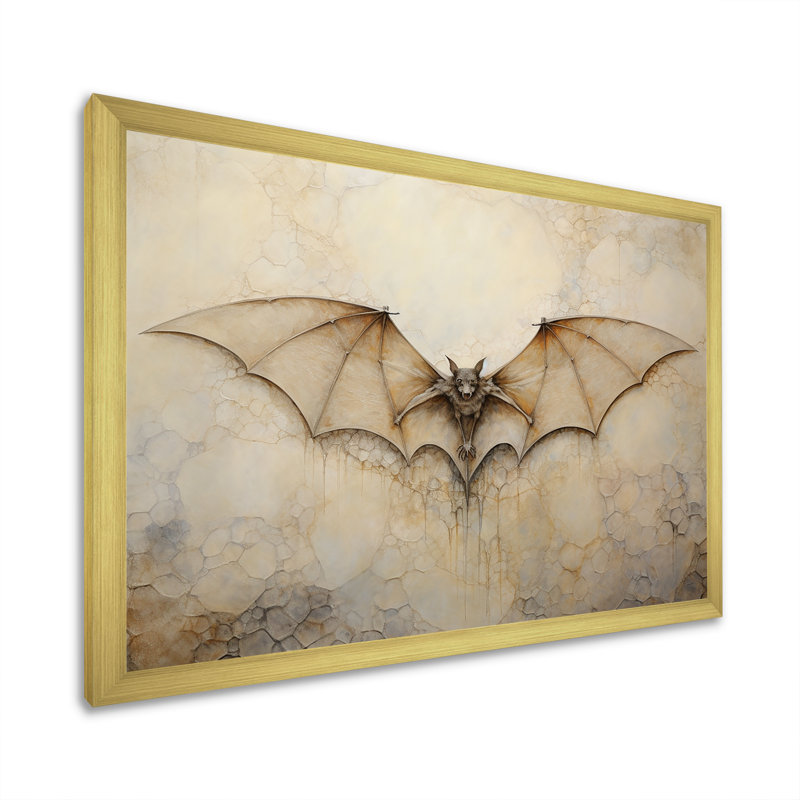 Minimalisme chauve-souris avec ailes ouvertes sur toile, H 34 po x l 44 po x P 1,5 po, Encadrement doré