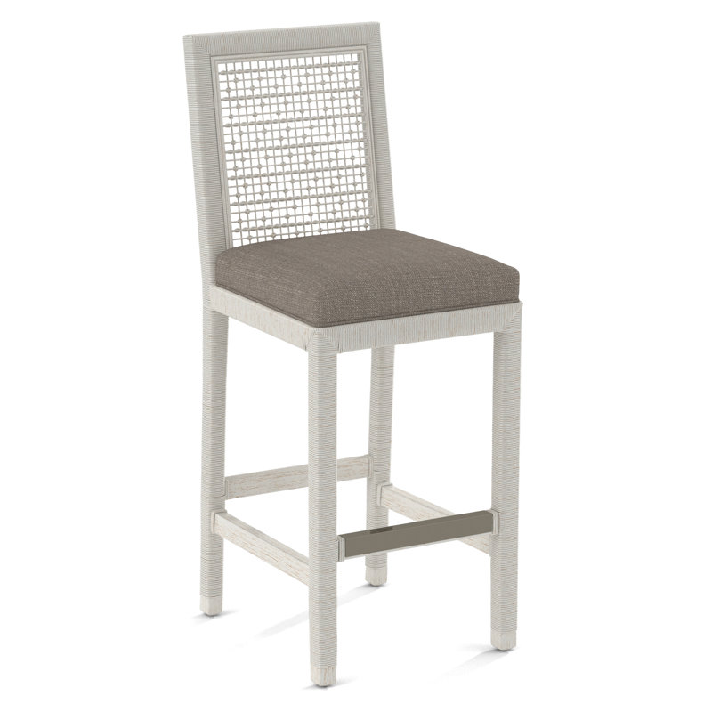 Pine Isle Bar Stool, Sunbrella Beige Pinstripe; 6205-74, Antique Frost White