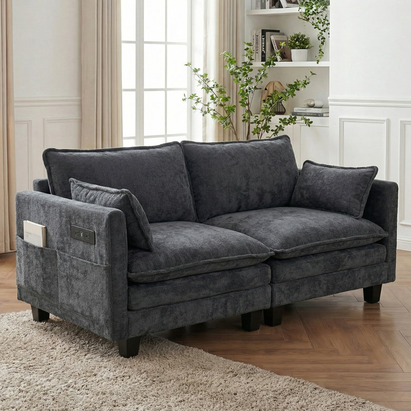 Canapé moderne en chenille noir moderne, canapé compact à 2 places avec deux ports de chargement USB et poches latérales, petit canapé pour chambre, bureau et appartement.
