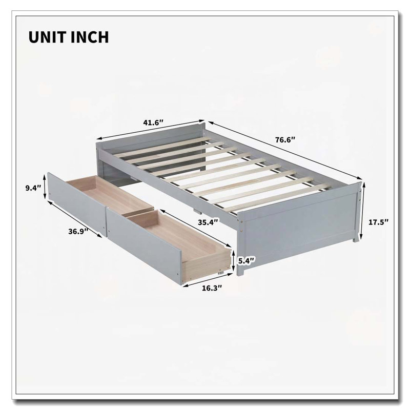 Solid Rubber Wood Bed  with 2 Drawers, Gray