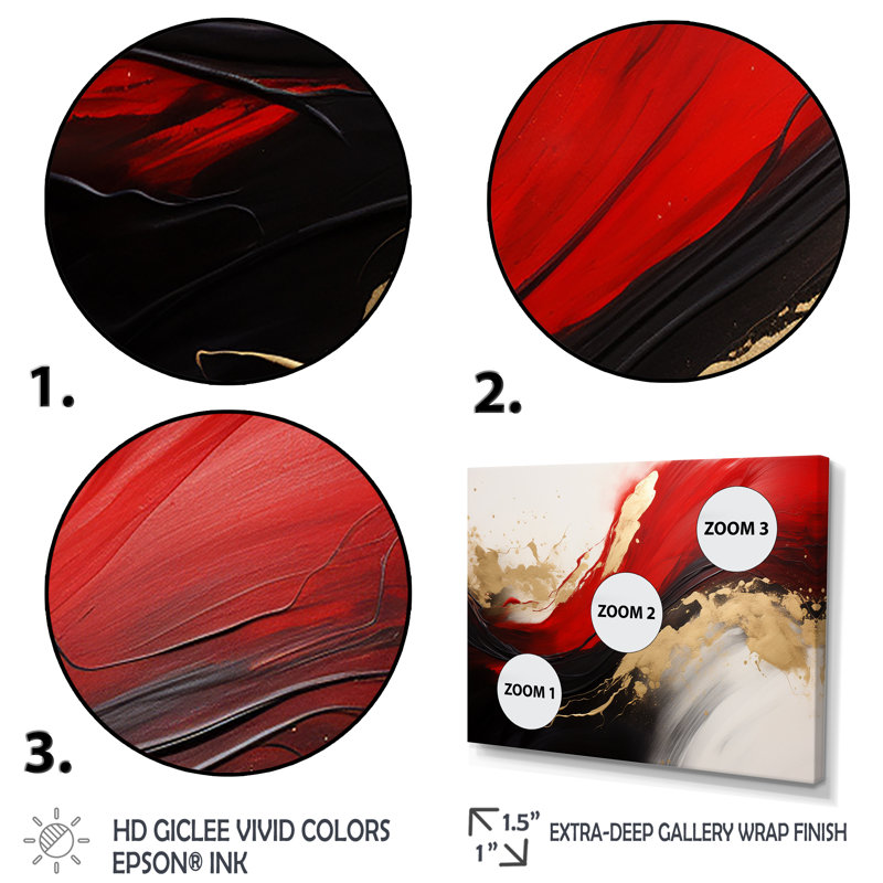 Midnight Passion Abstract Wave Scarlet & Gold II - Abstract Wall Decor Set, H 28 po x l 36 po x P 1 po