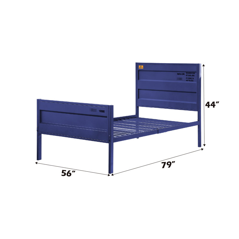 Lit double à finition bleue avec structure en métal, style de contenant de chargement, 21 lattes, capacité de poids de 330 lb, lit de style produit de 76 lb, structure en fer, panneau rectangulaire, hauteur de 44 po