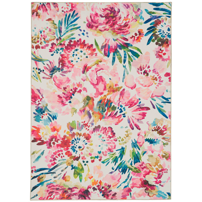 Migliore Washable Raspberry And Ivory Machine Woven Area Rug, Rectangle 2' x 3'