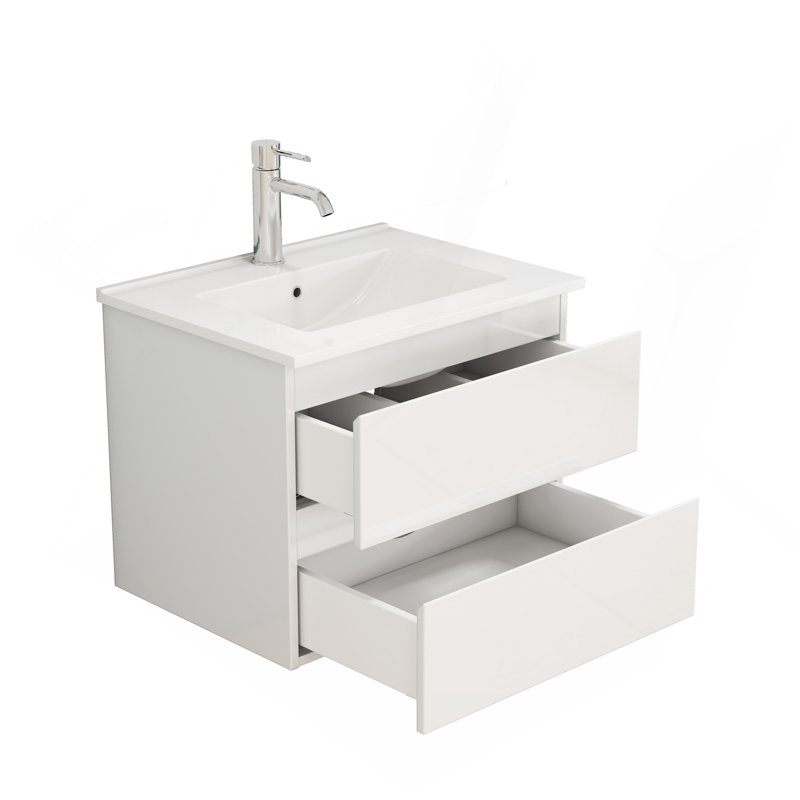 Ensemble de meuble-lavabo 24 po avec lavabo, armoire avec 2 grands tiroirs, système de fermeture en douceur, 2 grands tiroirs, conception sans poignée, assemblage facile, blanc brillant